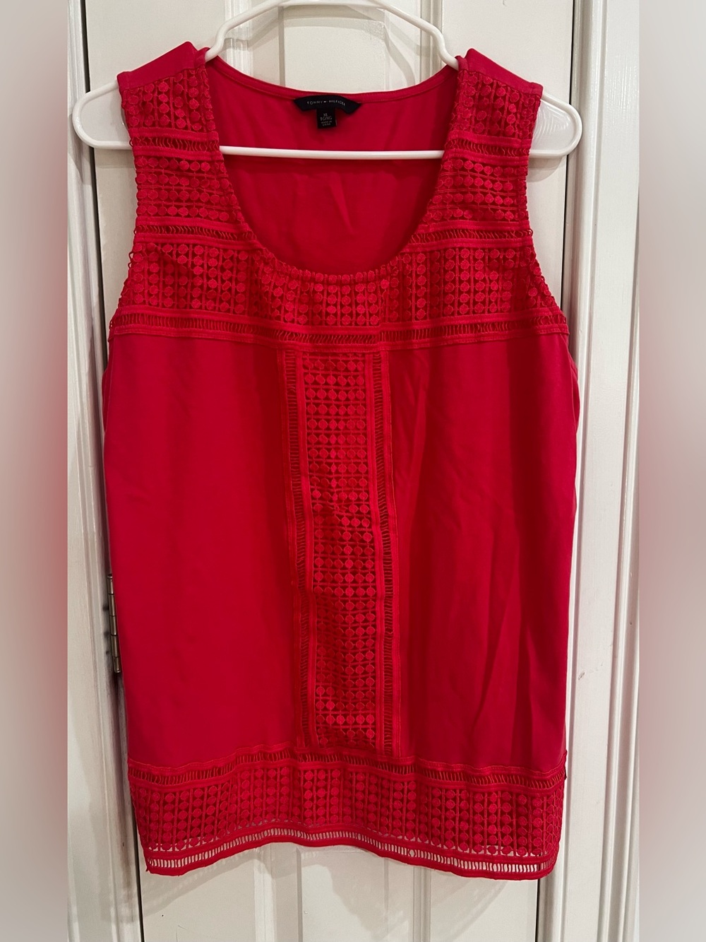 Tommy Hilfiger Womens Red Crochet Lace Trim Sleeveless Blouse XL